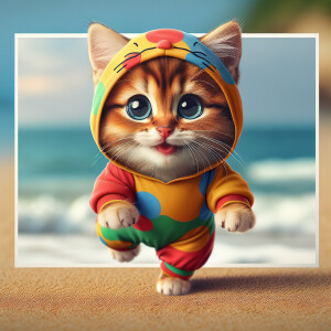 A cute kitten dressed in a jumpsuit, standing on its hind legs o...