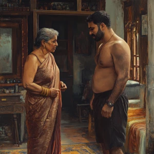 Realistic  1:1,A muscular sweaty man talking to his 54 year old...