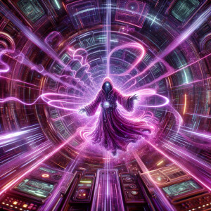 A glitchy magenta-hued time traveler, flickering with neon energ...