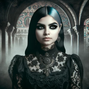 Create an image of a Mexican girl featuring cat eye makeup, with...