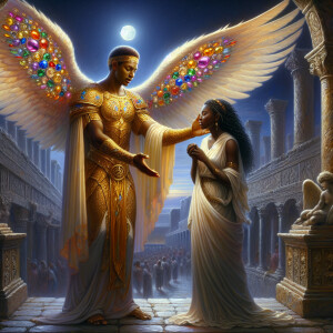 Create an oil painting image featuring a male angel and a grievi...