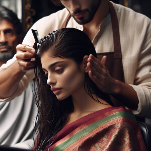 A young woman in a saree with wet hair receiving a clean head sh...