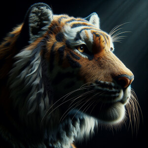 /imagine prompt:A ultra-hyper-photorealistic depiction of a tiger, captured in a contemplative moment. The intensity of its gaze is magnified against the dark backdrop, with the natural hues of its fur strikingly vivid. The lighting softly illuminates the face, highlighting the tiger's thoughtful expression and the intricate patterns of its fur. Created Using: advanced digital imaging for lifelike detail, rich color dynamics, glibatree prompt, focused illumination to capture the mood, depth of field to emphasize the gaze, realistic portrayal of fur texture and color nuances --ar 1:1