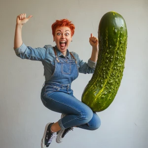 Pickle themed Birthday party! Pickle! Woman with short red hair...