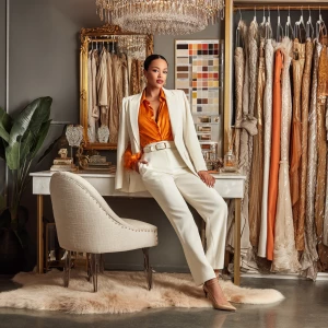 A confident female stylist, radiating power, poses in her luxuri...