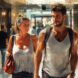Digital art HD 1:1.A sweaty  man walking with his 54 year old mo...