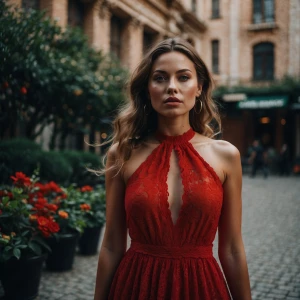 a woman in red dress