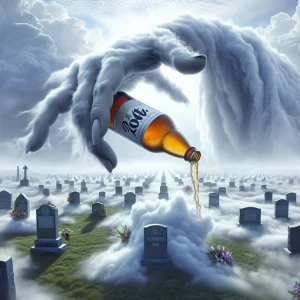 A spectral hand emerging from billowy clouds above a fog-enshrou...