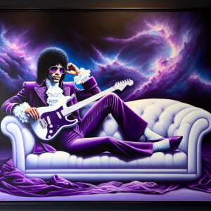 painting of a man who looks like Prince sitting on a purple couc...