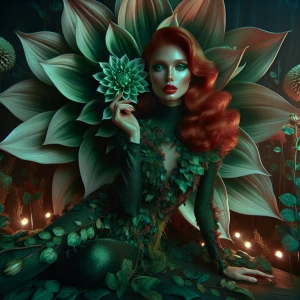 A stunningly seductive woman with fiery red hair, cascading in soft waves, dressed in an intricately detailed, deep green, leaf-textured bodysuit that clings to her curves. She is seated gracefully inside a giant blooming dahlia flower, its deep red and velvety petals unfolding around her like a throne of nature. Her piercing emerald-green eyes glow with an enchanting allure, and her full lips are painted a bold crimson. A few delicate vines wrap around her arms and legs, adorned with small glowing blossoms. The scene is bathed in a warm, ethereal light, casting a soft glow on her flawless, porcelain skin. Her posture is both powerful and inviting, one hand delicately caressing a petal while the other rests on her thigh. The background features a dreamlike botanical setting, with massive bioluminescent leaves and an aura of mystical, untamed nature. The composition is framed to capture her dominance and sensuality, blending elements of high fantasy and sultry glamour. The image has a cinematic, editorial quality, with rich details and a luxurious, velvety texture that brings out the vivid colors of the dahlia and her outfit. She exudes an intoxicating mix of seduction, danger, and botanical magic—the true essence of Poison Ivy reimagined in Dahlia’s world.”