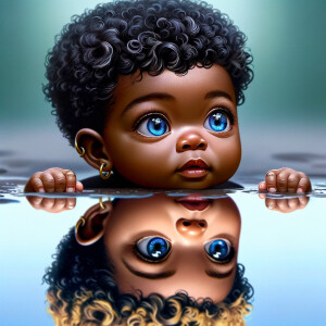 A curious cute african-American, baby with huge blue eyes and cu...