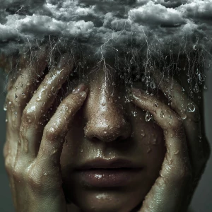 A surreal fusion of woman and weather: her body is made of storm...