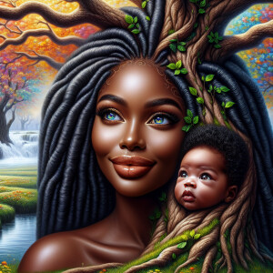 Create a close-up, hyper-realistic 3-D oil painting of a tree wi...