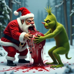 A grotesque photo of the Grinch ripping Santa Claus's head off....