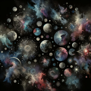 A black background with watercolor designs scattered around, sca...