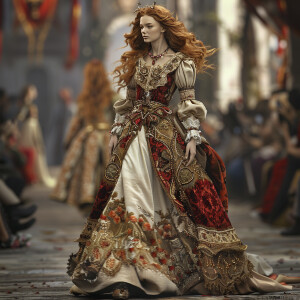 Create a photorealistic image of a light ginger-haired model wal...
