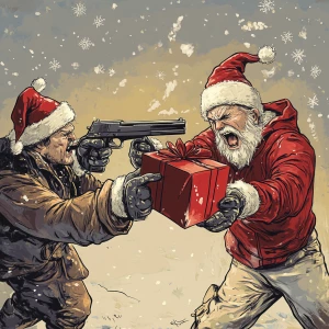 armed fight over christmas presents in carton style