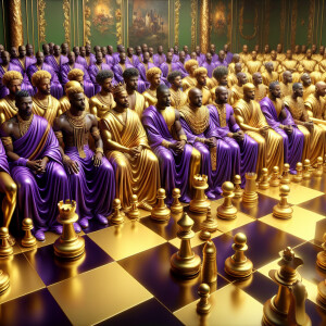 3-D realistic oil, painting, Oh a gold, and purple human chessbo...