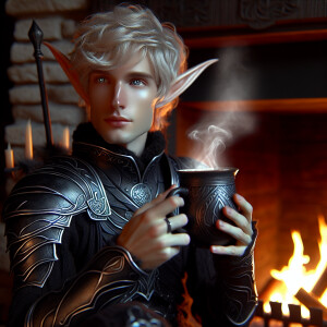 Caranthir-Ar-Fieniel from the Witcher drinks hot cocoa in front...