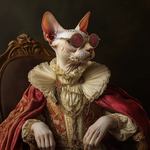 Portrait of Sphynx cats garbed in luxurious Renaissance-era atti...