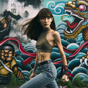 Athletic Thin skinny Attractive, Asian teenage girl, long brown hair and bangs, wearing tight skinny jeans and a halter top paint marks on her clothing, heroic pose Asian graffiti background, side view