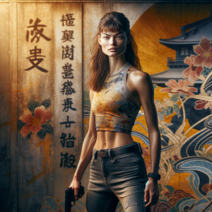 Athletic Thin skinny Attractive, Asian teenage girl, long brown hair and bangs, wearing tight skinny jeans and a halter top paint marks on her clothing, heroic pose Asian graffiti background, side view