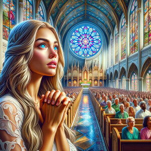 Create a realistic airbrushed illustration of a woman with long, blonde hair and huge blue eyes, praying at the altar in a church. The church is filled with an African-American congregation, adding to the diverse and spiritual atmosphere. The interior of the church features a beautiful stained glass window that casts colorful light throughout the space, enhancing the spiritual ambiance. The setting is serene and filled with a sense of community and faith, capturing the moment of prayer in a sacred environment. Ensure the illustration is detailed, with attention to the expressions of devotion and the intricate designs of the church interior, in a heavily HDR style at 300 dpi.