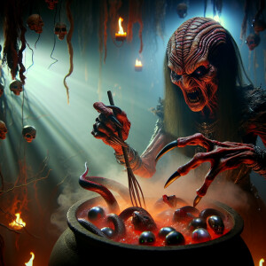 A grotesque female alien wizard with wrinkled red and black skin...