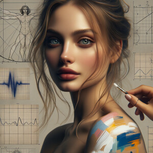 Abstract, minimalist, art cardiogram, charts complex, mathematical formulas, spontaneous lines, and paint marks, paint in hair, golden ratio