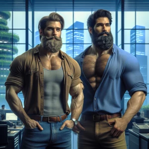 bodybuilder men stand side by side. Both have thick, full beards...