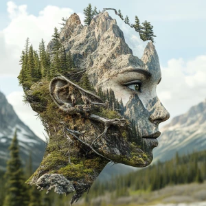 Create a 3D 8K UHD photorealistic image of a beautiful face formed by Rocky Mountain landscapes and wildlife scenes, with extreme professional detail and a homogenized, cohesive aesthetic.