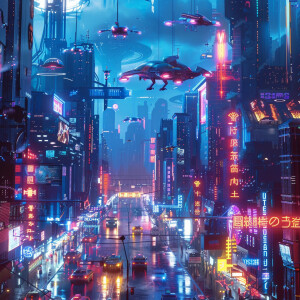 Describe a futuristic cityscape at night featuring flying cars z...