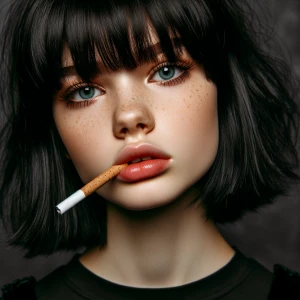Goth teen girl  Caucasian black hair bangs cork filter cigarette...