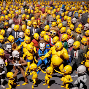 Minions dressed as superheroes and villians, they're battling ea...