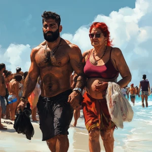Realism art style ,a muscular beefy sweaty man walking on bahama...