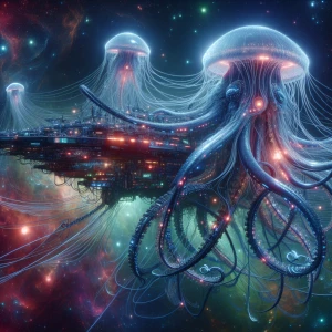 A pulsating cybernetic kraken, its mechanical tentacles intertwi...