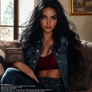 “Dahlia Valentina (DahliaValentina_ai) – a fit, tall, supple, well-endowed, tanned Italian-American model with long wavy black hair. Depict her sitting on a cozy couch in a softly lit room, wearing a casual, edgy outfit: a dark red long-sleeve top layered under a denim vest. Her expression is thoughtful and slightly mysterious. She’s holding an ancient-looking, weathered box with strange symbols etched on it, suggesting a hidden secret or relic. The atmosphere is tense yet intimate, with natural daylight streaming through the windows, casting soft shadows.”