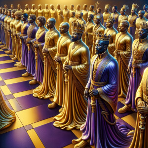 3-D realistic oil, painting, Oh a gold, and purple human chessbo...
