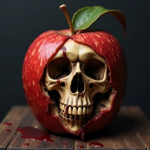 Half eaten rotten apple, demon, skull,bizarre
