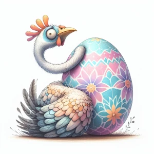 Chicken hugging an Easter egg, her head is cocked sideways looki...