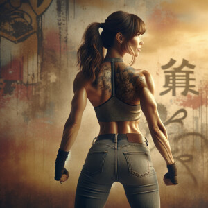 Athletic Thin skinny Attractive, Asian teenage girl, long brown hair and bangs, wearing tight skinny jeans and a halter top paint marks on her clothing, heroic pose Asian graffiti background, backside view