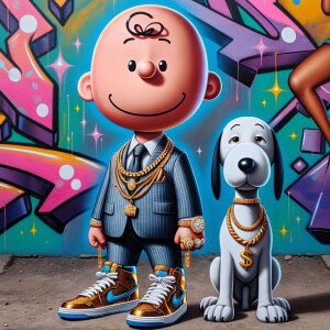 Street art style hip hop Charlie Brown wearing a business suit a...