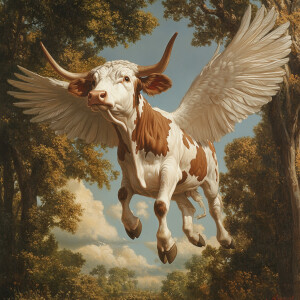 A cow soars through the sky, flapping its enormous wings as it g...
