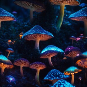 Generate an image featuring a cluster of bioluminescent psychede...
