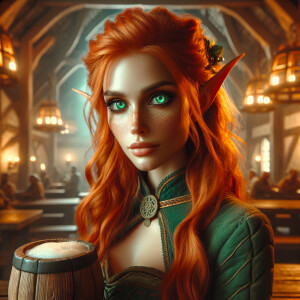 Elf female long orange hairs, green eyes, green clothes, beer wo...