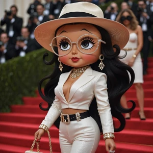 Betty Boop with dark brown skin, and long wavy hair is wearing a...