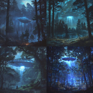 matte painting alien spaceship in clearing in forest at night. f...