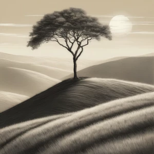 A faint pencil sketch of a lone tree on a hillside.