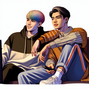 Gay couple sitting on couch watching tv. One of them has their l...