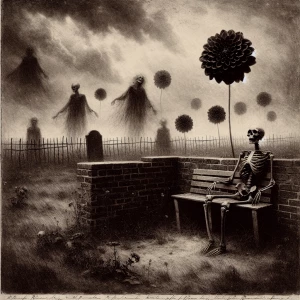 Generate a monochrome image of a desolate, grassy field enclosed...